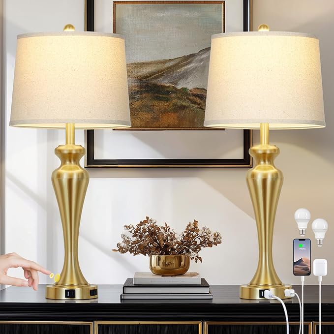 30" Gold Tall Table Lamps for Living Room, Touch Control Bedroom Lamp with USB A+C Ports and AC Outlet, 3-Way Dimmable Bedside Table Lamps Set of 2, Modern Metal Lamp for Nightstand