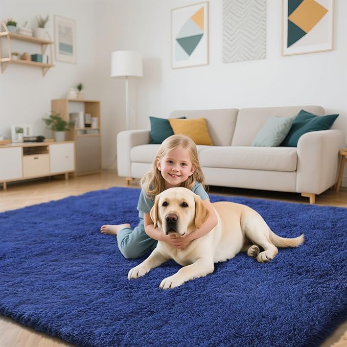 Blue Fluffy Rug Shaggy Area Rug, 4x6 Area Rugs for Girls Bedroom, Soft Cute Baby Play Mat, Indoor Floor Carpet for Teen, Nursery, Preppy Dorm, Plush Aesthetic Bedside Rug