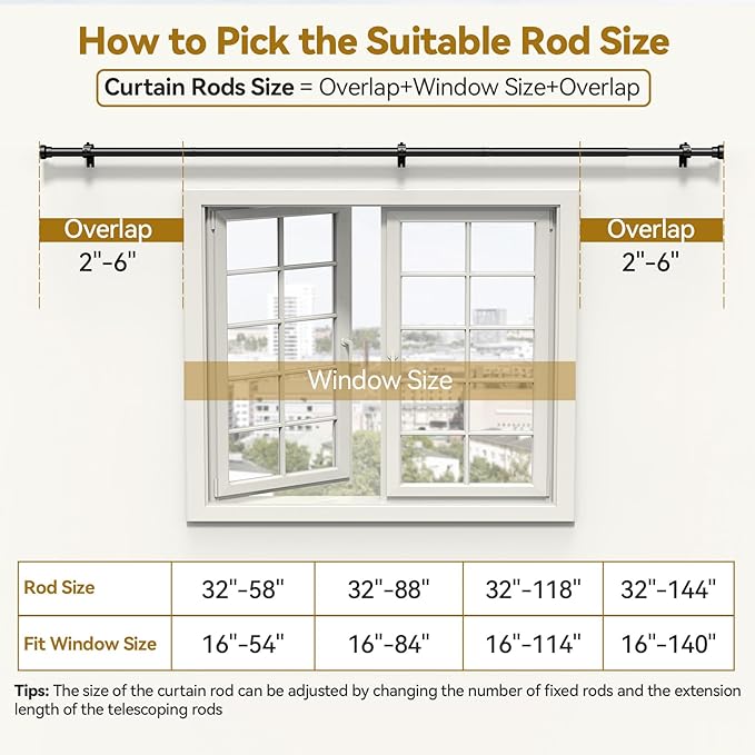 Curtain Rod 2 Pack 32-88 Inch, Heavy Duty 1 Inch Curtain Rod, Black Long Adjustable Window Treatment Rods, Modern Design, Easy Installation