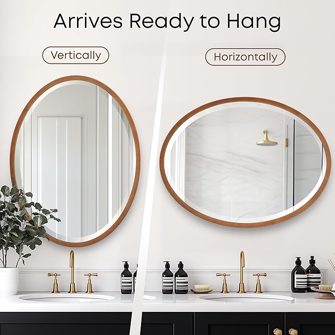 OVALCREST - Oval Wooden Beveled Wall Mirror for Home Decor, Bathroom, Vanity, Bedroom, Living Room, Hallway - London Style (Sunset Gold) 23.1 x 29.1