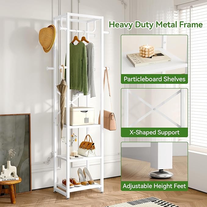 IBUYKE Coat Rack with Shelves, Freestanding Hall Tree with 3 Shelves and 8 Hooks, Industrial Clothes Stand for Entryway, Hallway, Bedroom, White UTMJ088W