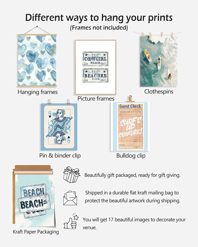 KBKBART Coastal Cowgirl Room Decor Aesthetic Set of 17, Coasta l Granddaughter Room Decor, Blue coastal Cowgirl Wall Art Prints, Trendy Beachy Wall Decor for Dorm Bedroom, Preppy Surf Posters for Teen Girls, Coastal cowgir l Decor (Unframed)