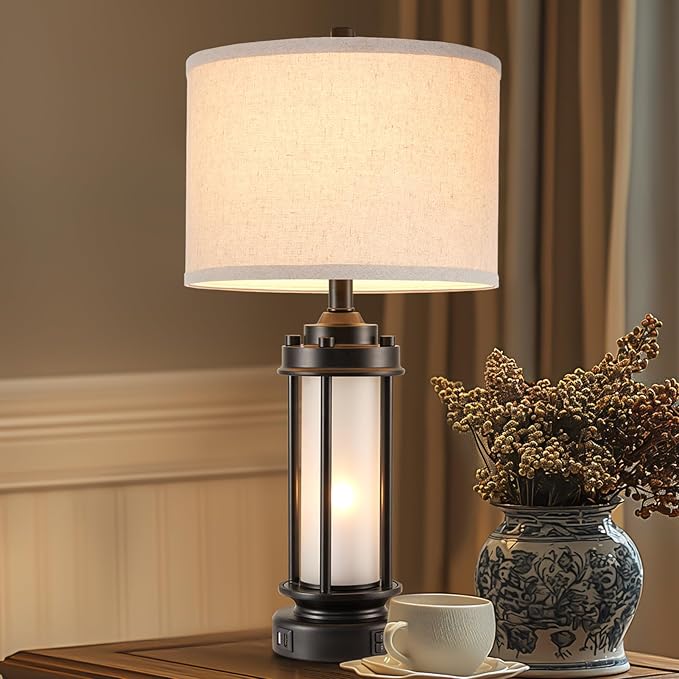 Set of 2 Modern Table Lamps for Living Room Bedroom, 25'' Black Retro Industrial Metal Lamp with Glass Nightlight, Contemporary Desk Lamp for Bedside End Table Office, 4 Bulbs Included