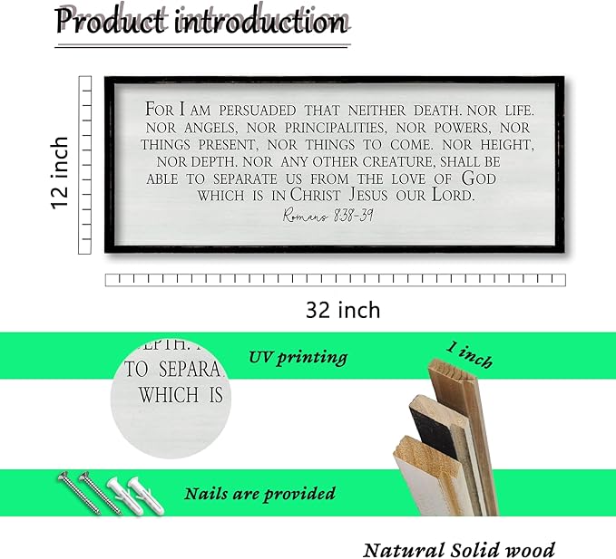 ZZJJHYWGQ Christian Bible Verse Wall Art For I am Persuaded Romans 8:38-39 Bible Verse Sign Decor 32"×12" Inspirational Religious for Home Church Large Wood Frame Scripture Wall Hanging (Black)