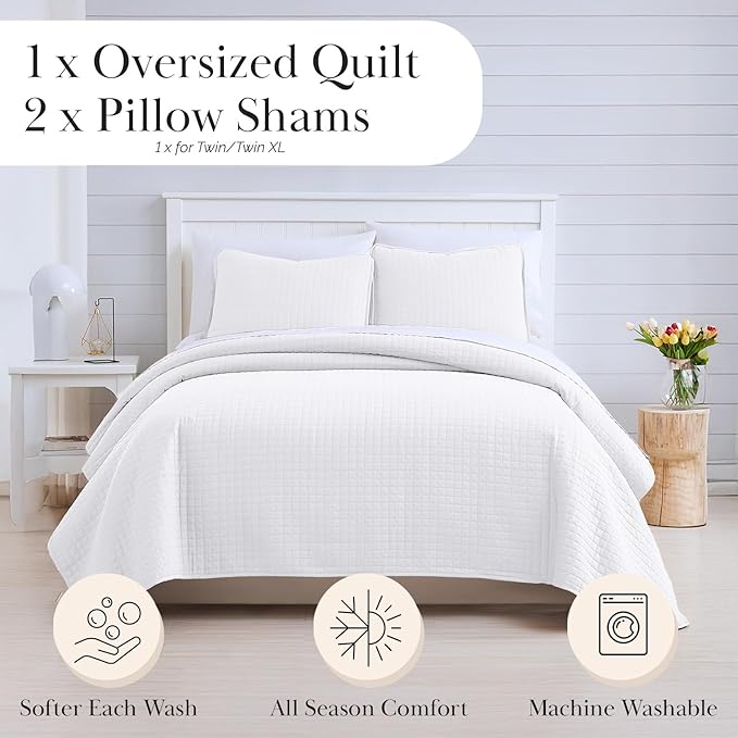 Southshore Fine Living, Inc. White Queen Quilt Bedding Set, Oversized Quilts Queen Size, Pet Hair Resistant Bedding, Coverlet Set with 2 Pillow Shams, Full Size Bedspread, Bright White