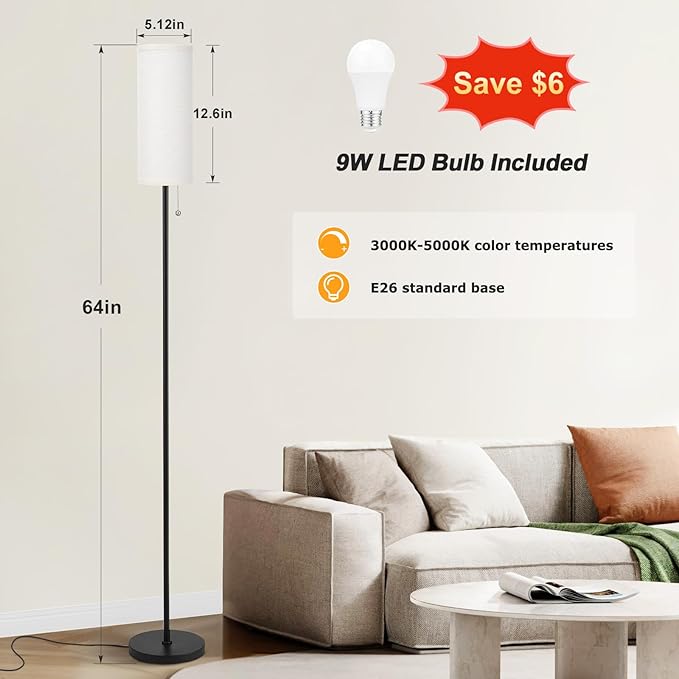 Ambimall 64'' Floor Lamp for Living Room with Bulb - Tall Lamps with Beige Lampshade & Pull Chain Switch, Pole Lamps for Bedrooms Tall, Minimalist Floor Lamp