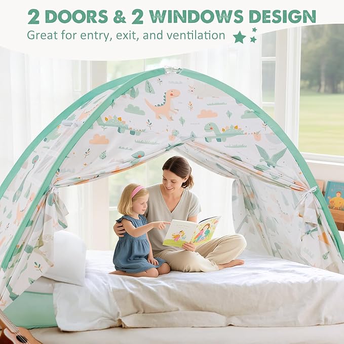 Twin Bed Tent for Kids, Twin Size Bed Canopy with Star Lights, Privacy Space Blackout Sleeping Tents, Indoor Breathable Portable Bunk Bed Tent for Boys and Girls, Dinosaur