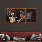 KAIRNE Gothic Skull Wall Art,Halloween Skeleton Canvas Set of 3(16”x24”),Scary Skull Painting,Horror Floral Botanical Prints,Romantic Spooky Halloween Wall Art for Living Room Bedroom Goth Party Decor