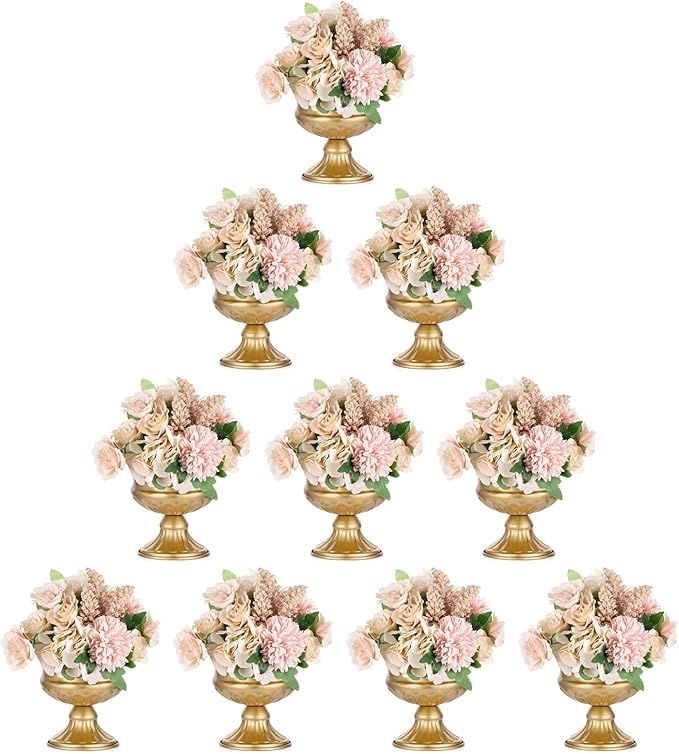 Metal Vases for Table Centerpieces, Hewory Gold Compote Pedestal Vase Floral Container Bulk, Brass Mini Footed Bowl Flower Holders Center Pieces for Wedding Birthday Party Anniversary (10pcs, 5in)