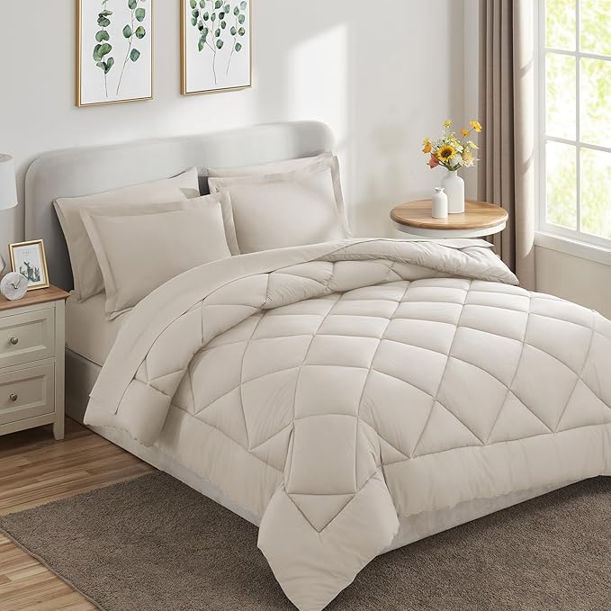 CozyLux California King Comforter Set Beige - Cal King Bed in a Bag 7 Pieces, Luxury Soft Bed Set for All Seasons, Bedding Set with Comforter, Sheets, Pillowcases & Shams