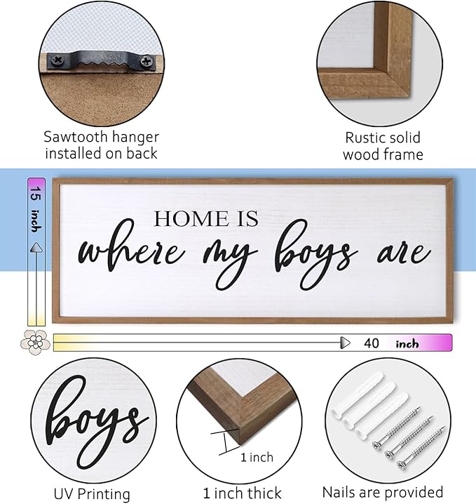 Home is Where My Boys are Sign Framed Wall Art, 40''×15'' Rustic Horizontal My Son Plaque with Natural Frame for Baby Kid Boy Son Teen Toddlers Room, Horizontal Mom of Boys Gifts Nursery Decor