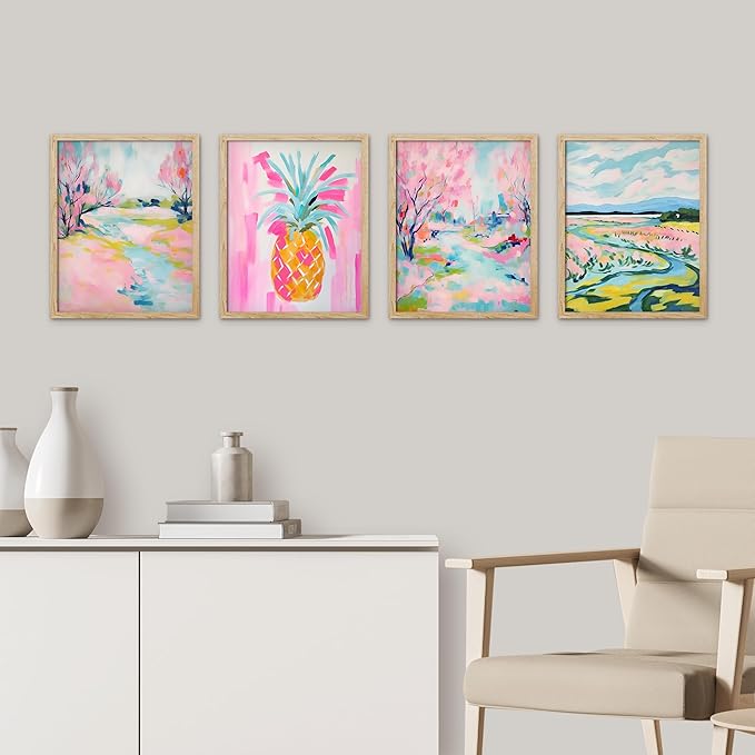 SIGNWIN Framed Vibrant Landscape and Pineapple Colorful Preppy Room Decor Pink Decor Digital Art Modern Art Decorative Multicolor Scenic for Bedroom - 8"x10"x 4 Natural