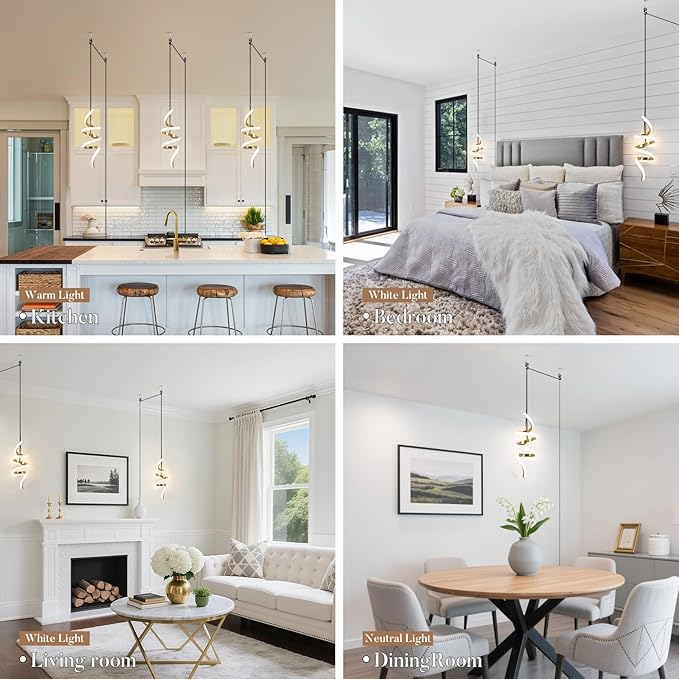 Plug in Pendant Light 3000~6000K Hanging Lights with Plug in Cord, Touch Switch Modern Pendant Light, Gold Hanging Lamps for Living Room, Kitchen, Dining Room, Bedroom,1 Pack