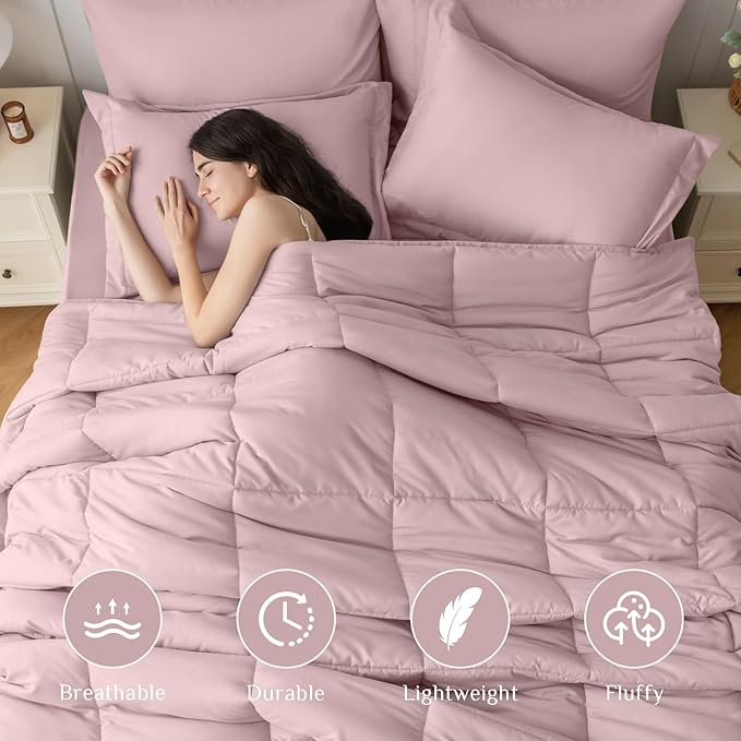 JOLLYVOGUE Queen Comforter Set, Ultra-Soft Bed in a Bag Queen Size 7 Pieces, Oeko-TEX Certified Bedding Set with Down Alternative Comforter, Sheets, Pillowcases & Shams, Camio Pink