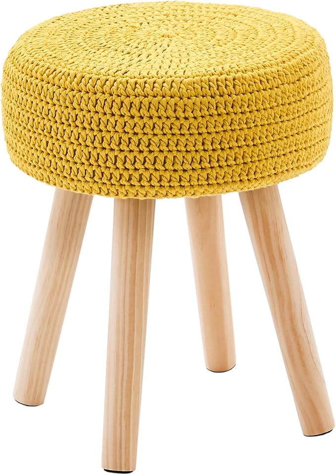 Wimarsbon Pouf Ottoman, 100% Cotton Knitted Boho Footstool, Round Footrest with Non-Skid Wood Legs, Home Décor Handmade Pouffe, Leisure Floor Step Stool for Living Room (Long Leg - Yellow)