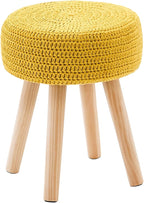 Wimarsbon Pouf Ottoman, 100% Cotton Knitted Boho Footstool, Round Footrest with Non-Skid Wood Legs, Home Décor Handmade Pouffe, Leisure Floor Step Stool for Living Room (Long Leg - Yellow)