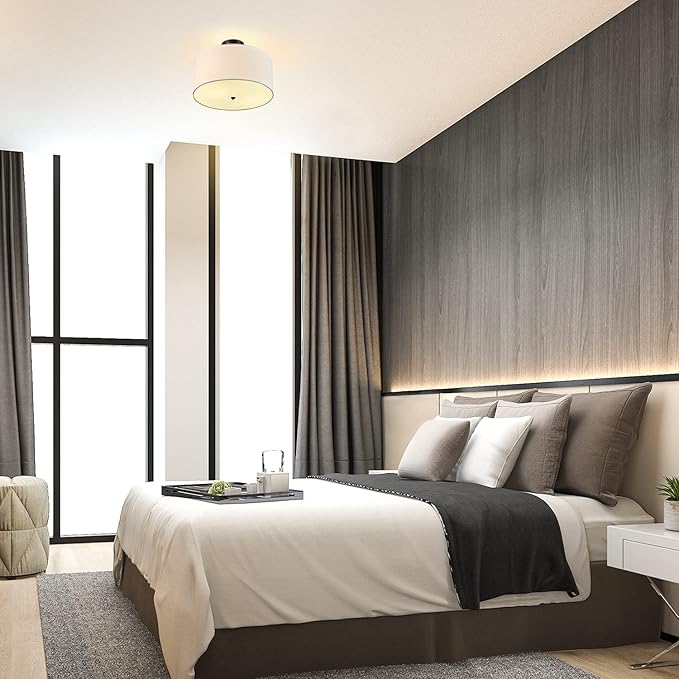 Globe Electric 61272 Maria 1-Light Flush Mount Ceiling Light, Dark Bronze, White Fabric Shade,Brown, Bulb Not Included