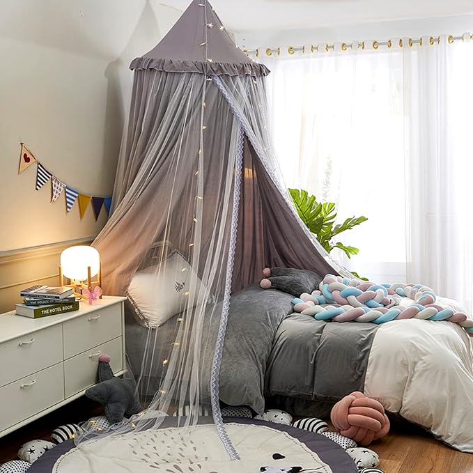 VETHIN Bed Canopy for with Lights,Double Layer Princess Round Dome Dreamy Mosquito Net Bedding Girls Room Castle Play Tent Hanging House Decor Reading Nook Canopies(Gray/White)