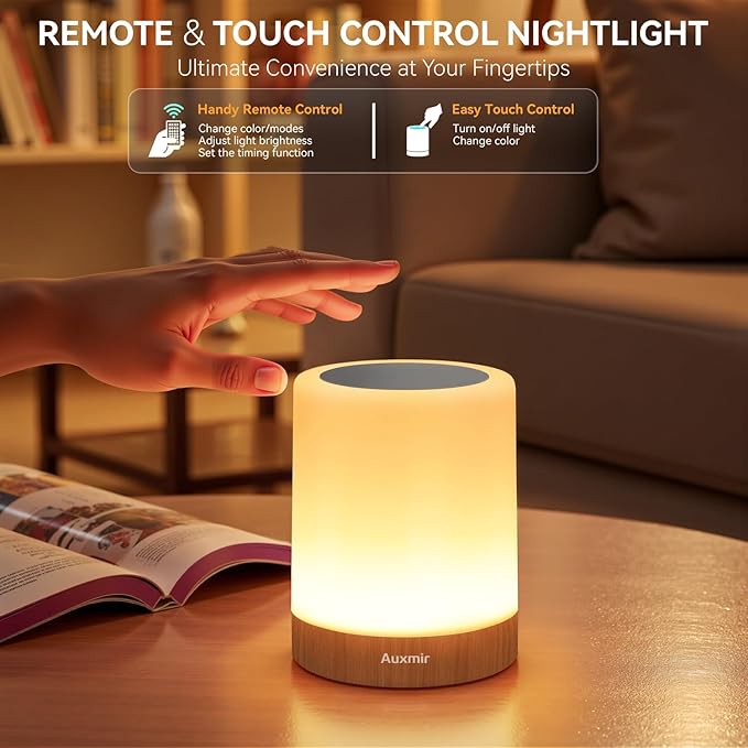 Auxmir LED Night Light Bedside Lamp Touch and Remote Control Dimmable Tabletop 13 Colors Changing 5 Brightness Adjustable Rechargeable Portable Lamp for Baby Kids Bedroom Living Room Outdoor Camping