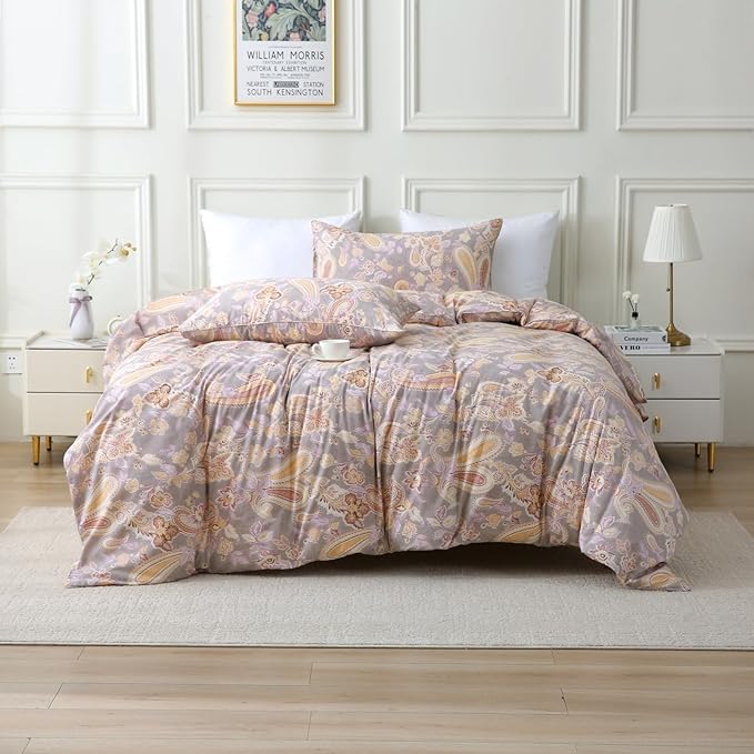 ABREEZE Paisley Bedding Sets 3Pcs Brushed Cotton Duvet Cover Set King Size Rustic Damask Gold Floral Comforter Cover with Zipper Closure Boho Bedding Collections