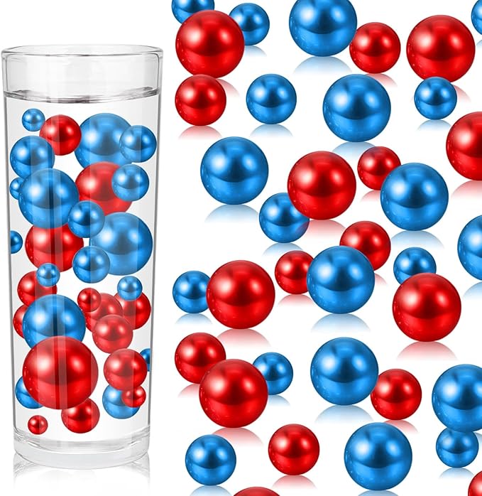 200PCS Red Blue Faux Pearls Beads for Centerpiece Vases, Vase Filler Faux Pearls, No Holes Filler Beads for Party Anniversary Birthday Wedding Table Decor, 10/14/20/30mm