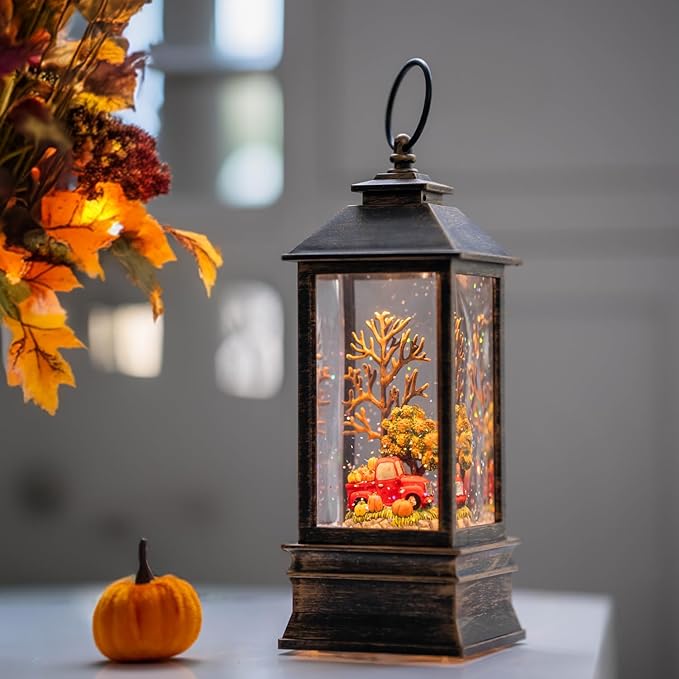 10'' Fall Snow Globe Lantern, Thanksgiving Lighted Lantern, Swirling Glitter Snow Globe for Fall Harvest Day Decorations, Home Fall Decor, Halloween and Gift (Truck&Pumpkins)