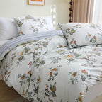 ABREEZE Floral Duvet Cover King Size Set Bird Flowers Bedding Set 100% Brushed Cotton Bedding Collection 1 Duvet Cover with 2 Pillowcases White