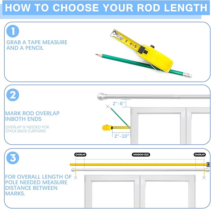 Curtain Rods for Windows 16 to 120 Inches, Curtain Rod Max Adjustable Length of 132 IN, 6/8" Diameter Drapery Rods Round Finials, Satin Silver, Pack of 2