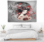 Japanese Geisha Tapestry Asian Red Cherry Blossom Red Sun Traditional Kimono Folk Tapestries Home Decor for Living Room Bedroom Apartment Farmhouse Dorm 80"x60"