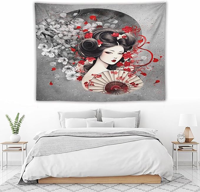 Japanese Geisha Tapestry Asian Red Cherry Blossom Red Sun Traditional Kimono Folk Tapestries Home Decor for Living Room Bedroom Apartment Farmhouse Dorm 80"x60"