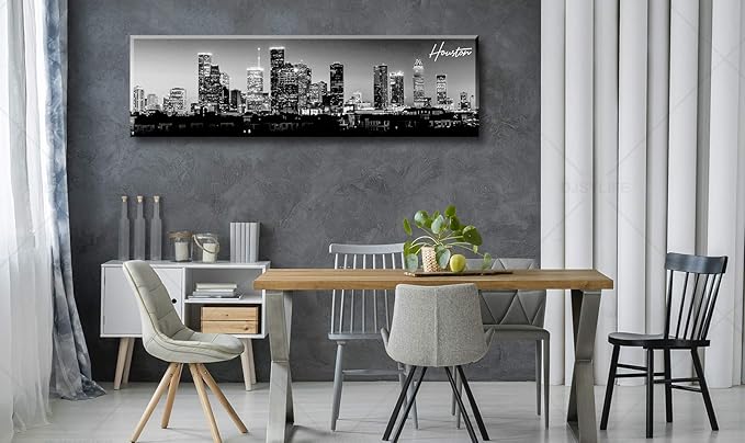 DJSYLIFE Houston Skyline Canvas Wall Art Decor Black & White City Pictures Painting Texas Cityscape Photo Print Artwork for Office Bedroom Living Room Walls Decoration Ready to Hang 13.8"x47.3"