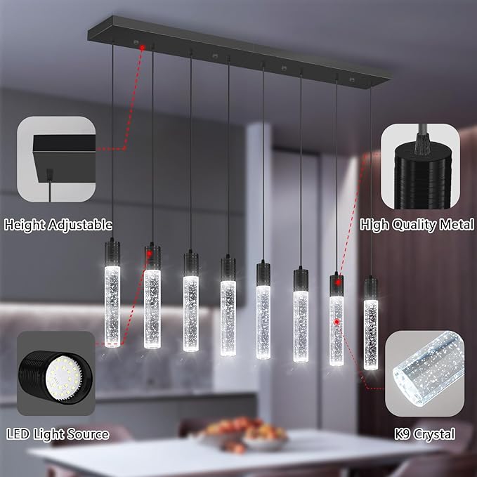 8-Lights Modern Crystal Chandeliers for Kitchen Island Pendants Lighting Fixture for Dining Room LED Ceiling Light for Hallway Foyer 6000K Black