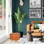 Asense Small Round Ottoman Foot Rest Stool Fabric Padded Seat Footstool Ottoman with Wooden Legs (Dark Orange,Fabric)