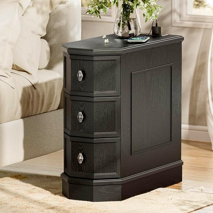 Nightstand with Charging Station, Vintage Wood End Table with 3 Drawer, Victoria Narrow Side Table, Slim Bedside Tables for Bedroom, Pre-Installation, Black