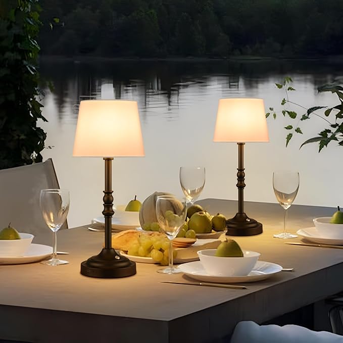 GGOYING Set of 2 Rechargeable Cordless LED Table Lamps, 4-Level Dimmer, Black Portable Desk Lamps with White Fabric Shades, Night Light for Dining, Bedroom and Patio