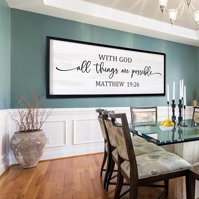 With God All Things are Possible Framed Wall Art, 40''×15'' Positive Holy Religious Rustic Bible Verse for Christian God Jesus Christ Prayer, Vintage Horizontal Inspirational Catholic Scripture Decor