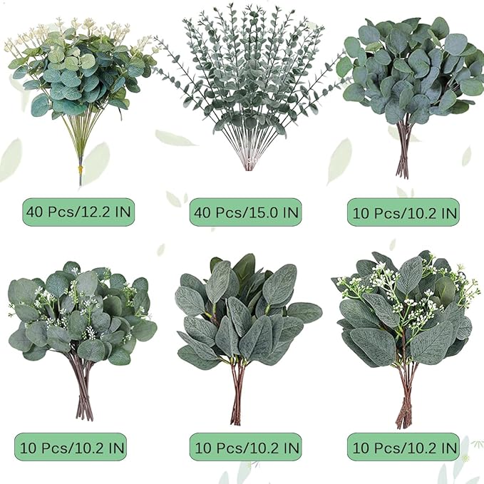 120 Pcs 6 Kinds Mixed Eucalyptus Leaves Stems Bulk Artificial Silver Dollar Eucalyptus Leaves Picks Dried Eucalyptus Bundle Faux Spray for Wedding Vase Bouquet Floral Arrangement Decor