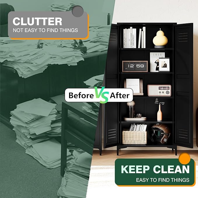 Letaya Black Storage Cabinet with Feets-Metal Home Kitchen Pantry Cabinets with Doors and Adjustable Shelves,Organization Locker for Cupboard/Bedroom/Dining/Living/Bathroom/Office/Garage Room (Black)