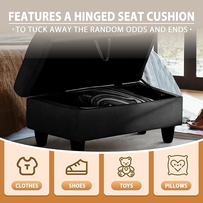 Ottoman Rectangular Storage Ottoman Bench, Flannel Footrest Stool Footstool with Lid for Living Room, Bedroom, Entryway, Black, 28.5"x19"x17.5"