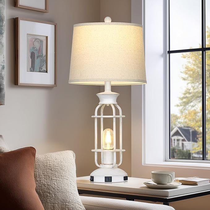 28" Vintage Table Lamps with USB C+A Ports & Outlet, Industrial Farmhouse Table Lamp for Living Room, Rustic Mid Century Modern Bedside Lamps with Nightlight & Beige Fabric Lampshade, Oil-Rubbed White
