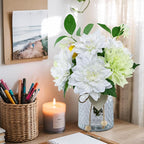 Fake Flower with Vase,White Silk Dahlia Artificial Flowers in Clear Glass Vase for Home Bathroom Office Desk Party Centerpiece Coffee Table Decor