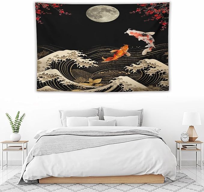 Houselerax Koi Fish Tapestry, Japanese Style Yin Yang Big Wave Cherry Blossom Tapestries Wall Hanging for Bedroom Living Room Office Decor 60"x40"