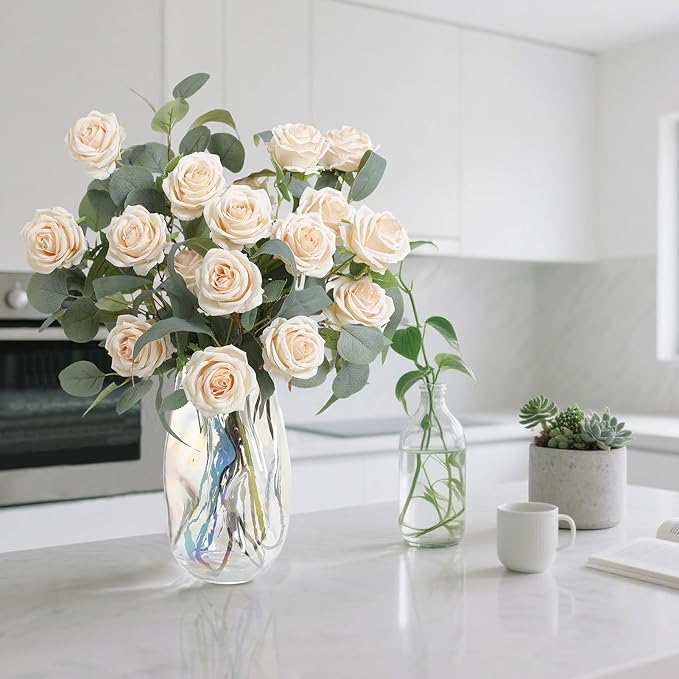 Serra Flora 10Pcs Realistic Artificial Eucalyptus Rose Stems - Lifelike Leaf Branches with Natural Texture for Stylish Vase Bouquets, Modern Home Decor & Elegant Wedding Arrangements