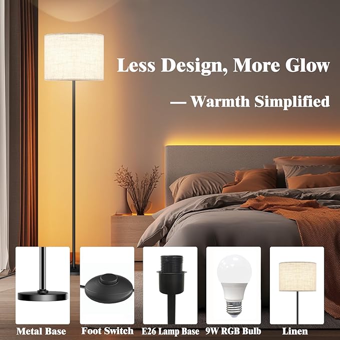 Smart LED Floor Lamp with APP Control & RGB Colors - Dimmable Standing Lamp for Living Room, Bedroom, Gaming - Remote, Timer, 9W Bulb Included, 60.6" Modern Tall Lamp (Beige)