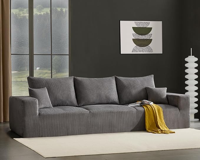 Boneless Cloud Couch Sofa for Living Room, 112" 3 Seater Grey Modern Lounge Sleeper Couch, No Assemble, Cordury Compression Upholstered Couches