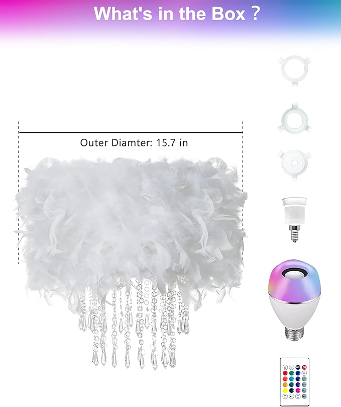 Star Vision Feather Lamp with Smart Light Bulb, Bluetooth Speaker & APP Control, Dimmable RGB LED Light, Acrylic Crystal Droplets, 15.7inches, White