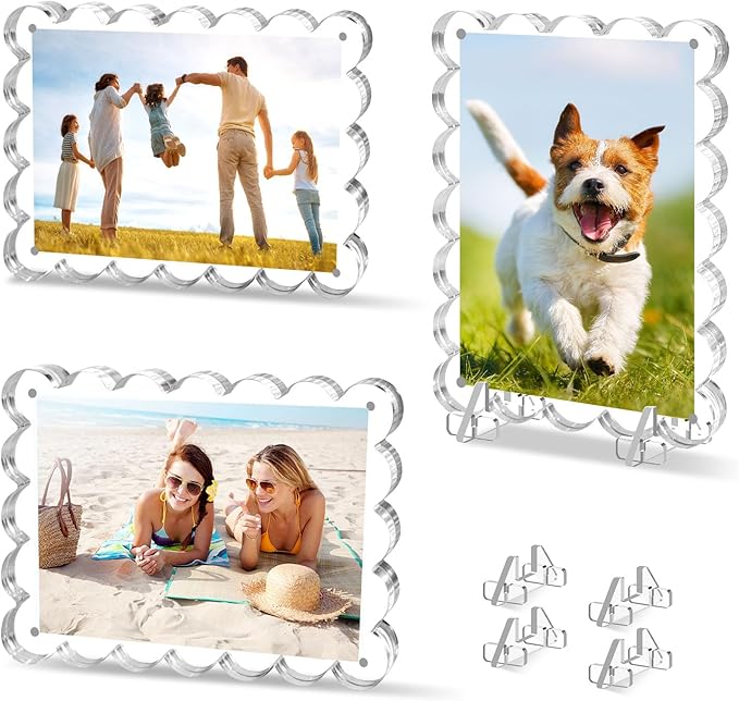 5x7 Acrylic Picture Frames, 3 Pack Magnetic Photo Frame with Stands, Double Sided Clear Picture Frames,10+10mm Thickness Scalloped Photo Frames for Home Office Decor Table Top Display