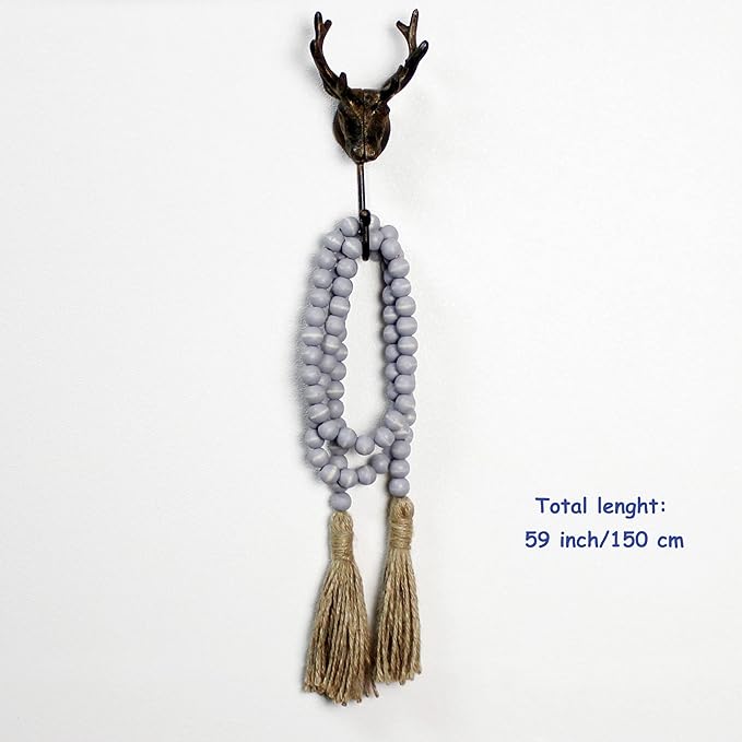 CVHOMEDECO. Wood Beads Garland with Tassels Farmhouse Rustic Wooden Prayer Bead String Wall Hanging Accent for Home Festival Decor. Grey Distressed
