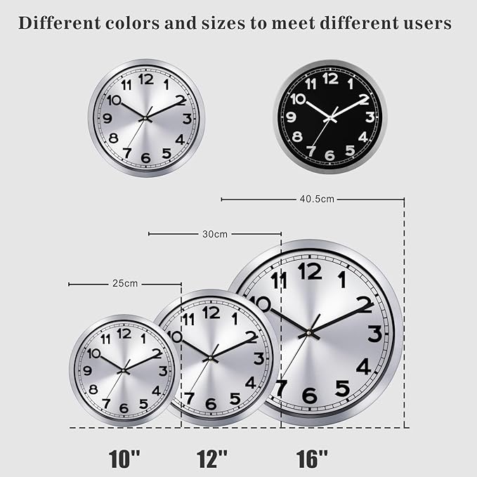 Plumeet Wall Clock, 12 Inch Battery Operated Wall Clock with Silver Aluminum Frame, Non Ticking Silent Metal Wall Clocks Decorative Kitchen Living Room Bedroom
