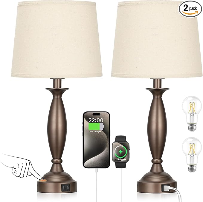 Beige Brown Lamps for Bedrooms Set of 2 - Touch Control Bedside Lamp with USB C+A, 3 Way Dimmable Nightstand Lamps with USB Port, Table Lamp for Living Room(Beige Shade and Brown Base)